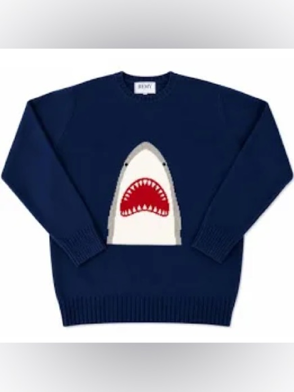 REMY 100% Cashmere Iconic Shark Crew Neck Sweater Navy Blue Multi Size Large